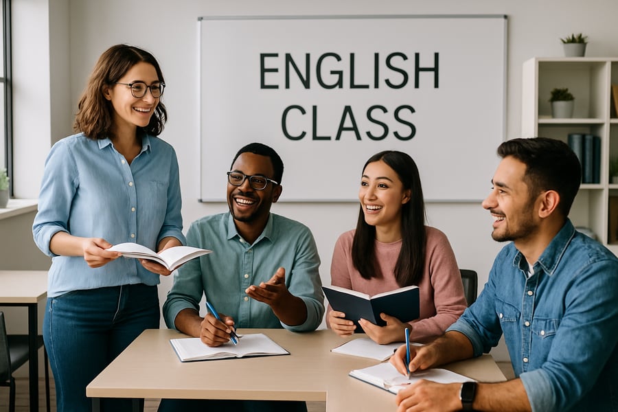 People learning English together in a modern classroom