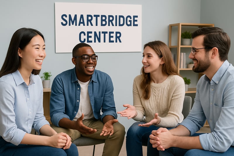 Students and professionals practicing English conversation at SmartBridge Center