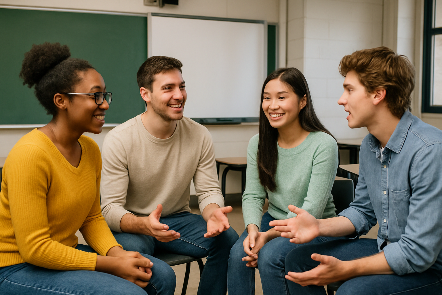 Students practicing conversational English in a classroom setting